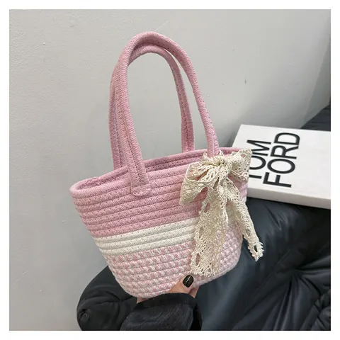 Damen Gewebte Baumwollfaden Handtasche Mit Spitze Schleifenknoten Lässig Stroh Korb Tasche Für Sommer Strand Urlaub Tote