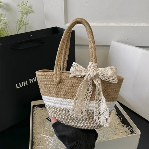 Damen Gewebte Baumwollfaden Handtasche Mit Spitze Schleifenknoten Lässig Stroh Korb Tasche Für Sommer Strand Urlaub Tote