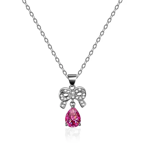 925 Sterlingsilber Moissanit Halskette Birnenschliff Blaugrün Rosa Weiß Stein Schleife Anhänger Halskette Für Damen Hochzeit Party Schmuck
