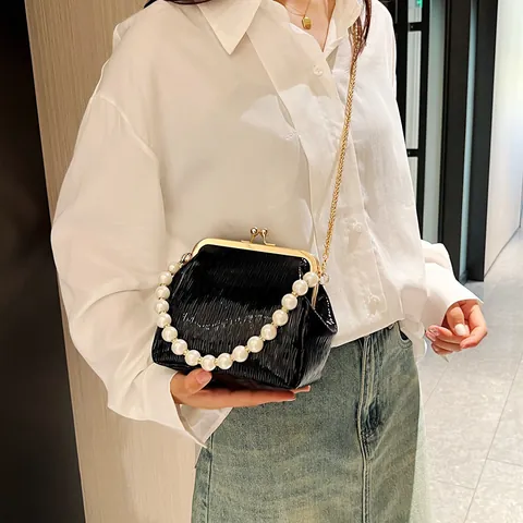 Damen Plissee Muschel Abendtasche Mit Künstliche Perlen Griff PU Leder Bügelverschluss Umhängetasche Gold Silber Bankett Party Tasche