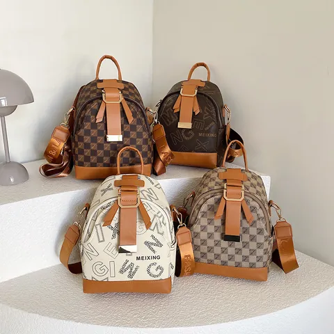 Mini Sac à Dos Femme Mode en Cuir PU Sac Bandoulière Vintage Damier Imprimé Lettres Décontracté Voyage pour Dame
