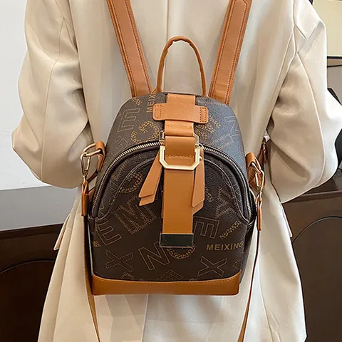 Mini Sac à Dos Femme Mode en Cuir PU Sac Bandoulière Vintage Damier Imprimé Lettres Décontracté Voyage pour Dame