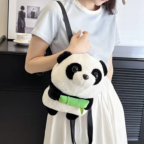 Cute Giant Panda Plush Cartoon Backpack For Kids Women Soft Animal Shaped Schoolbag With Green Bamboo Decor Plushie Bag