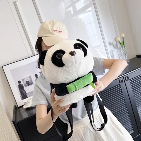 Cute Giant Panda Plush Cartoon Backpack For Kids Women Soft Animal Shaped Schoolbag With Green Bamboo Decor Plushie Bag