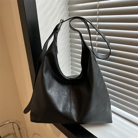 Women Vintage PU Leather Hobo Shoulder Bag Large Capacity Retro Solid Color Underarm Bag With Adjustable Strap Daily Tote