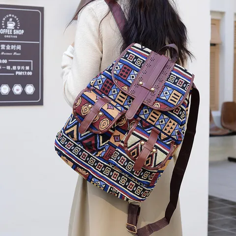 Böhmischer Rucksack Mit Ethnischem Muster Große Kapazität Gewebtes Material Damen Reise-Rucksack Vintage Exotischer Stil