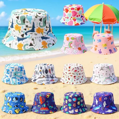 Kids Reversible Bucket Hat Cotton Polyester Cartoon Dinosaur Unicorn Print Wide Brim Sun Protection For Toddler Boys Girls