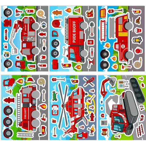 Kids Cartoon Fire Truck Rescue Vehicle Make-A-Face Stickers Adhesive Paper DIY Puzzle Sheet For Toddlers Intelligence Educational Toy