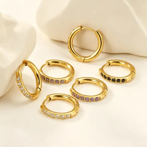 Geometric Hoop Earrings Gold Plated Stainless Steel With Cubic Zirconia Small Hinged Huggie Jewelry For Women Lightweight