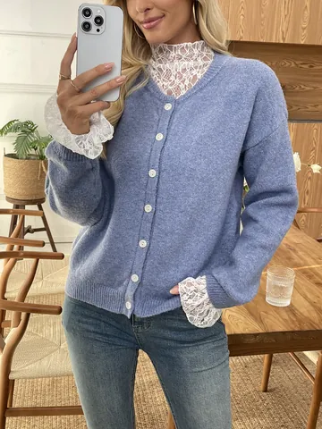 Cardigan in Maglia da Donna Elegante con Bordo in Pizzo Monopetto Blu Tinta Unita Maglione a Maniche Lunghe Giacca Autunno Inverno