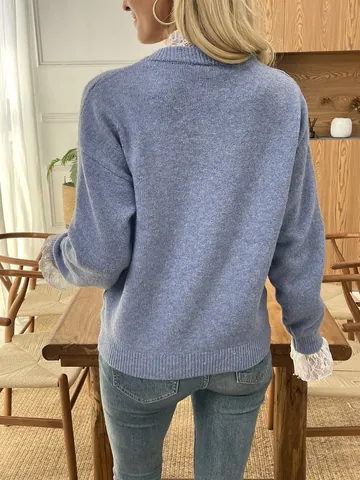 Cardigan in Maglia da Donna Elegante con Bordo in Pizzo Monopetto Blu Tinta Unita Maglione a Maniche Lunghe Giacca Autunno Inverno