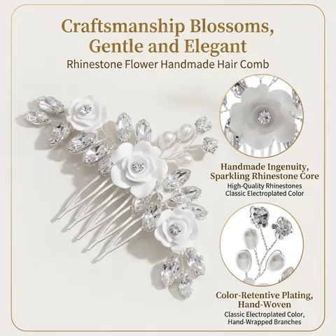 Pettine per Capelli da Sposa Fatto a Mano Fiori in Ceramica Tenera Strass Künstliche Perle Elegante Copricapo da Sposa per Donna