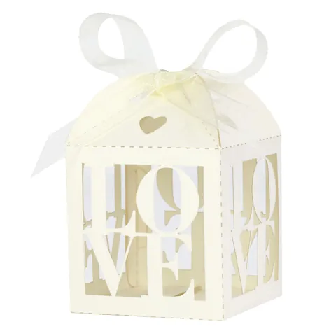 Scatola di Caramelle Intagliata al Laser LOVE Cuore Con Fiocco di Nastro Carta Perlata Bomboniera Scatola Regalo per San Valentino