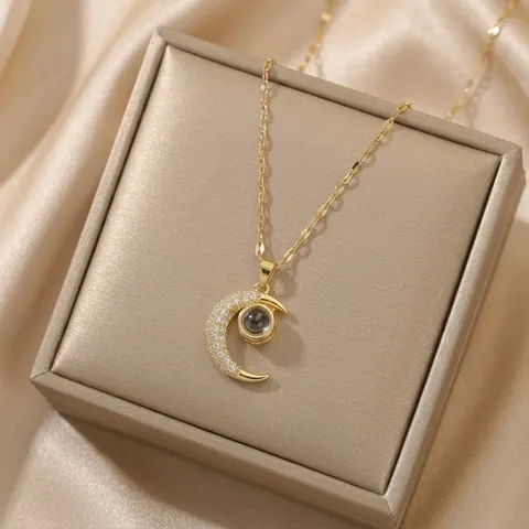 Titanium Steel Zirconia Crescent Moon Pendant Necklace 100 Languages Projection Necklace For Women Elegant Jewelry Gift