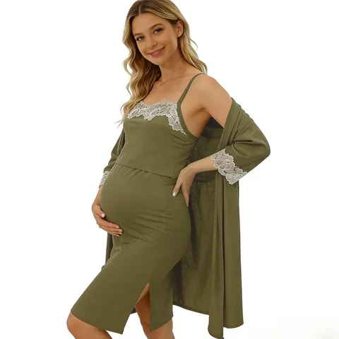Maternity Nursing Robe Top And Bottom Modal Lace Trim Nightgown Breastfeeding Sleepwear For Women Postpartum Loungewear