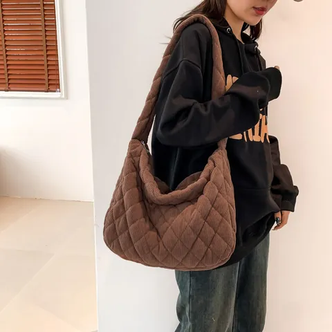 Gesteppte Cordsamt Einkaufstasche Große Kapazität Rautenmuster Umhängetasche Damen Urban Casual Herbst Winter Weiche Handtasche