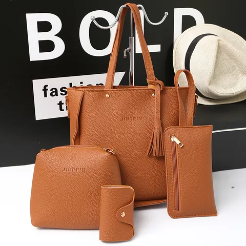Women's 4-Piece Handbag Set Litchi Pattern PU Leather Tote Bag With Tassel Crossbody Bag Clutch Purse Card Holder Daily Fashion Shoulder Bag