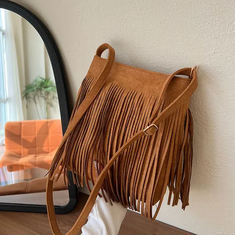 Bolso Cubo Vintage de Ante Sintético con Flecos para Mujer Bolso de Hombro Bohemio con Borla Correa Ajustable Moda Otoño Invierno