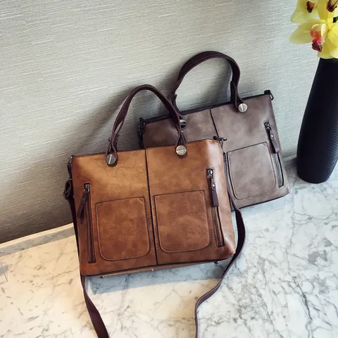 Damen Vintage PU Leder Tote Bag Multi-pocket Schulter Umhängetasche Handtasche Große Kapazität Retro Tägliche Pendeltasche