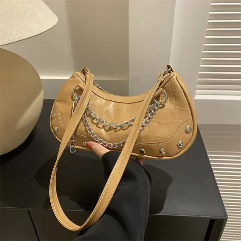 Retro Krokodil Muster Unterarmtasche Mit Silbernen Ketten Und Nieten Für Damen Mode Y2K Stil Schultertasche Alltag