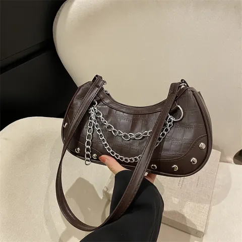 Retro Krokodil Muster Unterarmtasche Mit Silbernen Ketten Und Nieten Für Damen Mode Y2K Stil Schultertasche Alltag