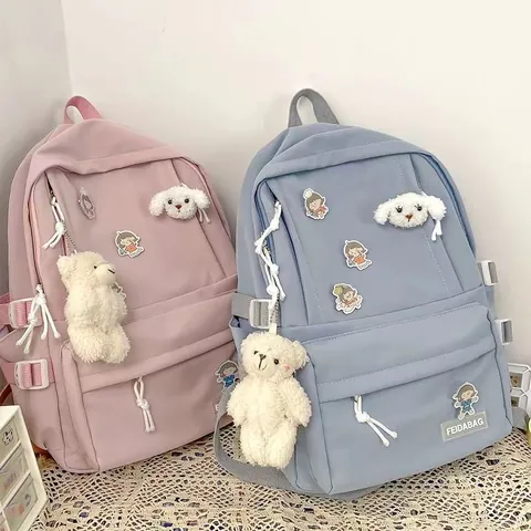Zaino in Nylon ad Alta Capacità in Stile Harajuku per Studentesse Borsa da Scuola Coreana Tinta Unita Con Simpatici Distintivi