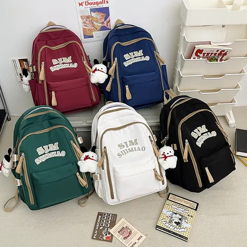 Koreanischer Stil Rucksack Große Kapazität Für Schüler Wasserdichte Nylon Schultasche Mit Buchstabenmuster Und Plüschanhänger