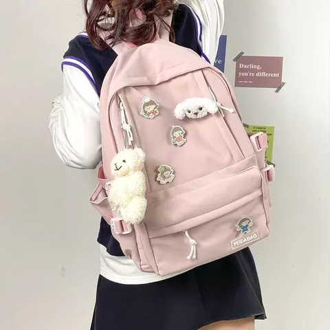 Zaino in Nylon ad Alta Capacità in Stile Harajuku per Studentesse Borsa da Scuola Coreana Tinta Unita Con Simpatici Distintivi