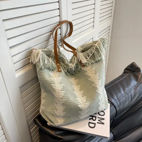 Women Bohemian Woven Knitted Tote Bag Geometric Pattern Large Capacity Fringe Tassel Shoulder Bag With Leather Handle
