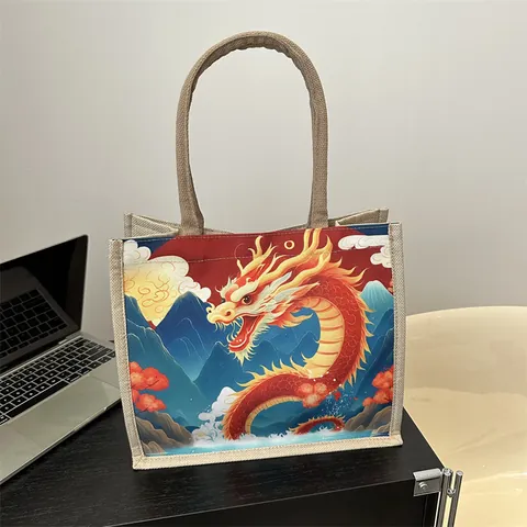 Women Chinese Style Dragon Print Canvas Jute Tote Bag Large Capacity Handbag With Woven Handle For Shopping Casual Daily