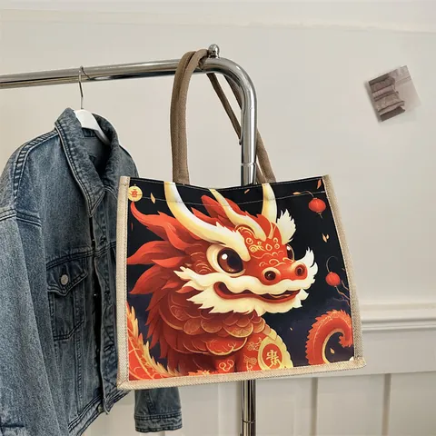 Women Chinese Style Dragon Print Canvas Jute Tote Bag Large Capacity Handbag With Woven Handle For Shopping Casual Daily