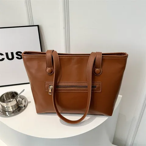 Γυναικεία Τσάντα Tote Μεγάλης Χωρητικότητας Από Δέρμα PU Μόδα Vintage Τσάντα Ώμου Με Μπροστινή Τσέπη Με Φερμουάρ Μονόχρωμη