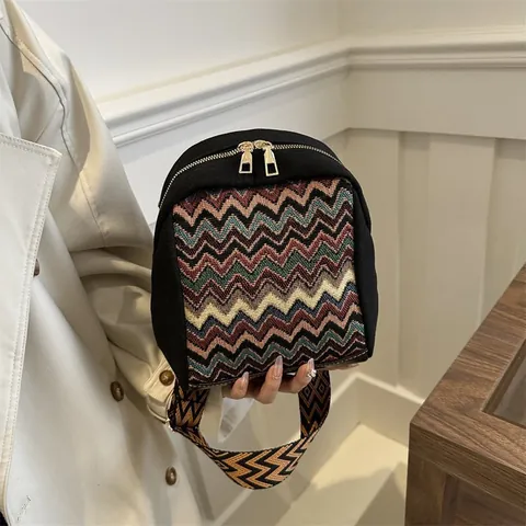 Damen Ethno-Stil Segeltuch Umhängetasche Böhmisch Zickzack Gewebtes Muster Retro Breiter Schultergurt Kleiner Quadratischer Muschelbeutel Fashion Alltag Tasche