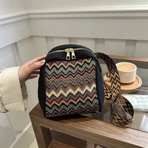 Damen Ethno-Stil Segeltuch Umhängetasche Böhmisch Zickzack Gewebtes Muster Retro Breiter Schultergurt Kleiner Quadratischer Muschelbeutel Fashion Alltag Tasche