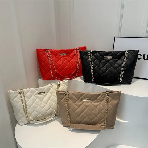 Borsa Tote in Pelle PU Trapuntata per Donna Grande Capacità Tracolla a Catena a Griglia Diamantata Borsa a Mano Casual Minimalista