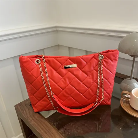 Borsa Tote in Pelle PU Trapuntata per Donna Grande Capacità Tracolla a Catena a Griglia Diamantata Borsa a Mano Casual Minimalista