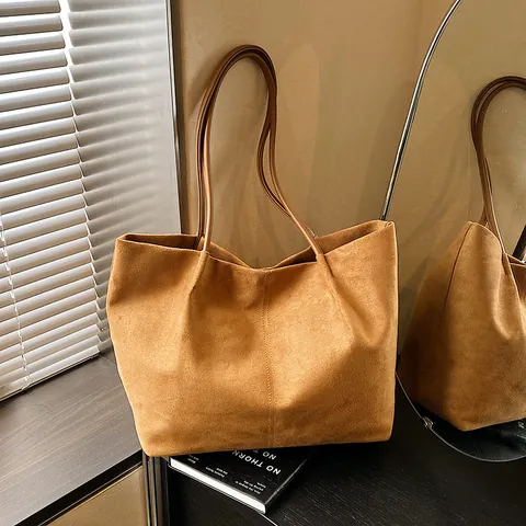 Vintage Large Capacity Faux Suede Tote Bag For Women Minimalist Commuter Shoulder Handbag Brown Coffee Solid Color Bag