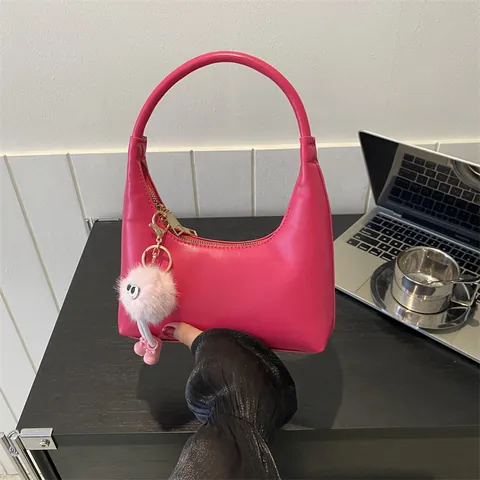 Women Fashion PU Leather Underarm Hobo Bag Minimalist Solid Color Small Handbag With Cute Fuzzy Monster Charm Shoulder Bag