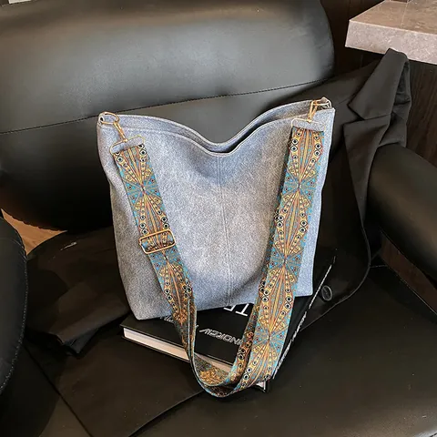 Damen Retro Einfarbig PU Leder Tote Bag Mit Bohemian Geometrisch Breit Gurt Große Kapazität Schulter Umhängetasche
