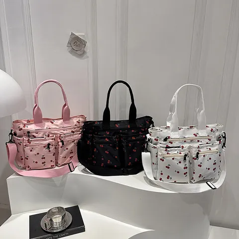 Sac Fourre-tout Grande Capacité Multi-poches Imprimé Cerise Sac à Bandoulière Nylon Toile Bretelle Réglable Main Femme