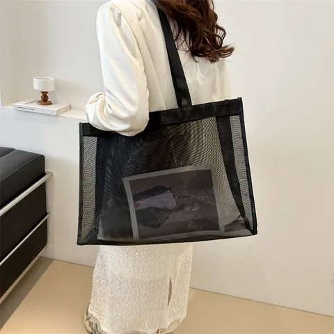 Bolso Tote de Hombro de Malla para Mujer Gran Capacidad Transparente Minimalista de Nylon Bolso de Compras Playa