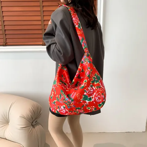 Dames Etnische Stijl Traditionele Bloem Print Grote Capaciteit Tote Bag Satin Look Nylon Schoudertas Pioenroos Hobo Tas