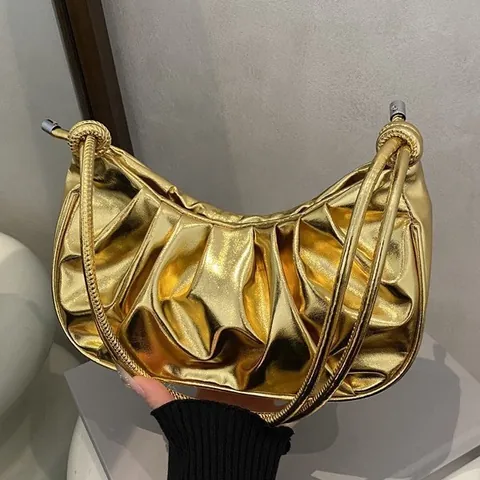 Borsa Sottobraccio Plissettata Metallica da Donna Ruched Cloud Bag Minimalista in Morbida Pelle Sintetica a Tracolla