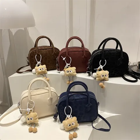 Vintage Leopard Print Suede Women Shoulder Bag Trendy Small Square Crossbody Bag With Plush Monster Charm Daily Handbag