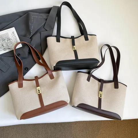 Bolso de Hombro Conmutador de Lona y Cuero PU de Gran Capacidad para Mujer Bloque de Color Con Hebilla de Metal Vintage Casual