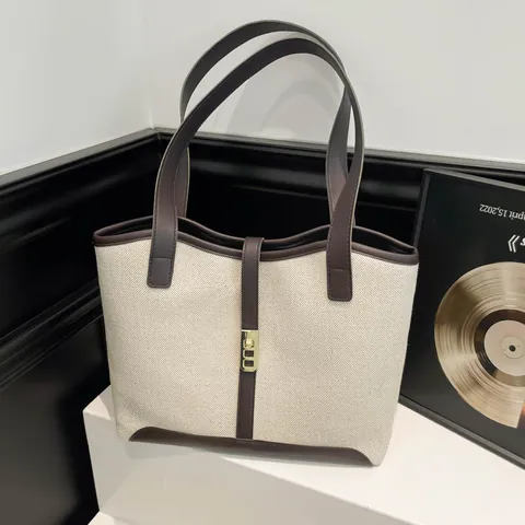 Bolso de Hombro Conmutador de Lona y Cuero PU de Gran Capacidad para Mujer Bloque de Color Con Hebilla de Metal Vintage Casual