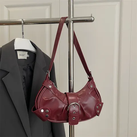 Borsa Sottobraccio in Pelle PU Vintage da Donna Stile Punk Y2K Borsa a Spalla Hobo Plissettata con Rivetti e Fibbia in Metallo