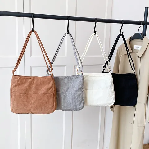 Bolso De Mano Minimalista De Pana Gran Capacidad Para Mujer Color Sólido Rayado Bolso De Hombro Diario Viajes Escuela