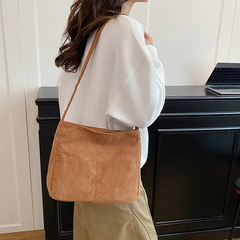 Bolso De Mano Minimalista De Pana Gran Capacidad Para Mujer Color Sólido Rayado Bolso De Hombro Diario Viajes Escuela