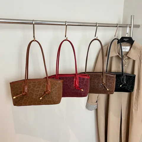 Borsa Tote da Donna Vintage con Stampa Leopardata Grande Capacità in Finta Pelle Scamosciata con Dettaglio Nodo Retrò